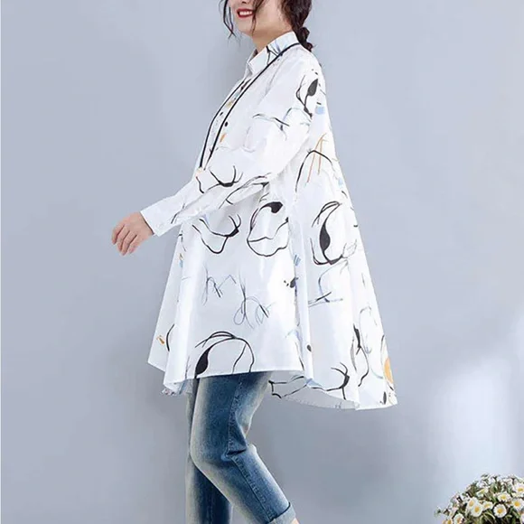 BUYKUD White Cotton Tunic Button Down Top Abstract Artsy Print Flowy Fit Medium - Picture 4 of 12